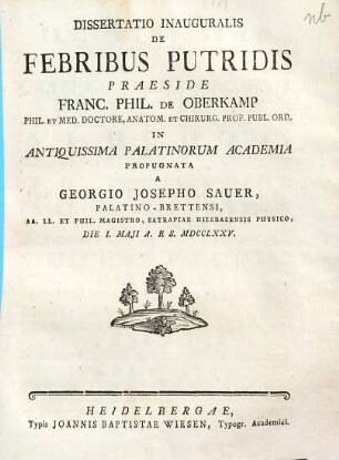Dissertatio Inauguralis De Febribus Putridis