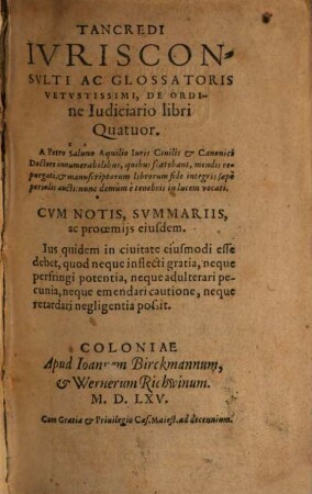 Tancredi ... De ordine iudiciario libri quatuor