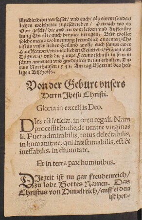 Von der Geburt vnsers || Herrn Jhesu Christi. || Gloria in excelsis Deo. ||