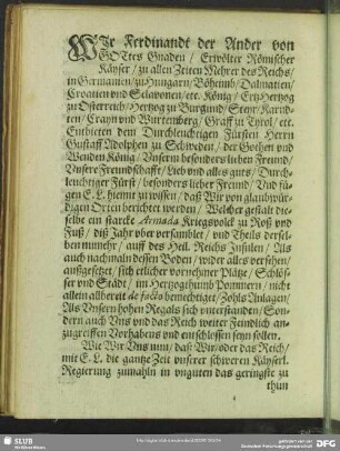 Wie Ferdinandt der Ander von Gottes Gnaden, Erwölter Römischer Käyser ... [18. August 1630]