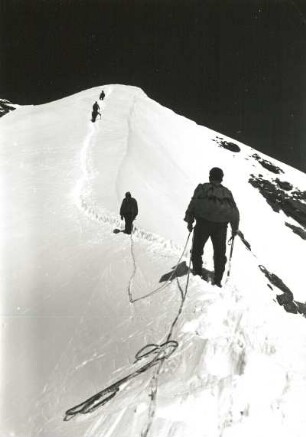 Berner Alpen. Mönch (4107 m). Zwei Seilschaften am Westgrat