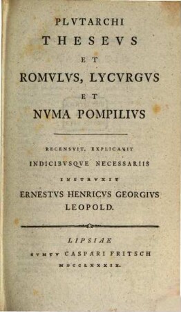 Plvtarchi Thesevs Et Romvluvs, Lycvrgvs Et Nvma Pompilivs
