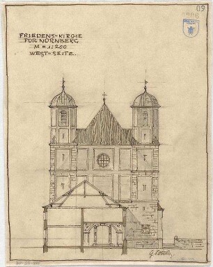 Bestelmeyer, German; Nürnberg (Bayern); Ev. Friedenskirche St. Johannes - Mappe 1: Ansicht von Westen (Teilschnitt durch vorstehenden Gebäudeteil)