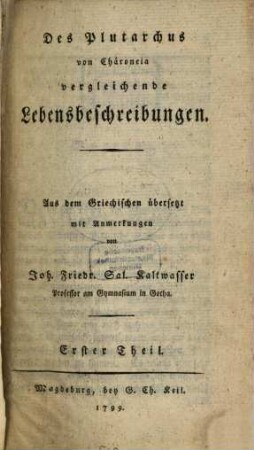 Des Plutarchus von Chäroneia vergleichende Lebensbeschreibungen, 1