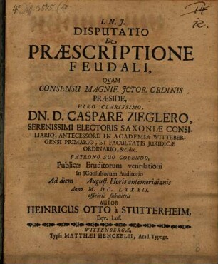 Disputatio De Praescriptione Feudali
