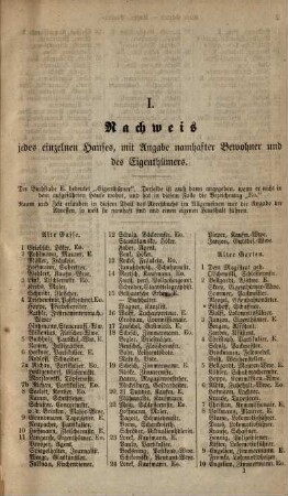 I. Nachweis jedes einzelnen Hauses, mit Angabe namhafter Bewohner und des Eigenthümers.