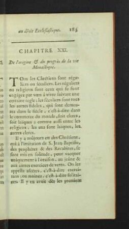 Chapitre XXI. De l'origine & du progrès de la vie Monastique.