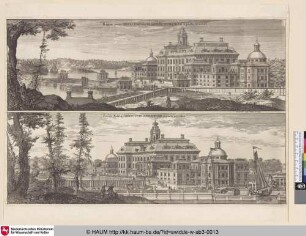 Regiae arcis Drottningholmensis Palatii facies a parte orientali; Facies Palatii Drottningholmensis à parte occidua.