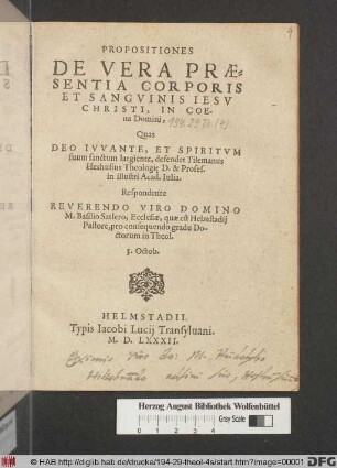Propositiones De Vera Præsentia Corporis Et sangvinis Iesv Christi, In Coena Domini