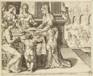 Die Frau serviert ihrer Familie Essen, Blatt 3 aus der Folge "Das Lob der tüchtigen Frau"
