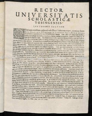 Rector Universitatis Scholasticae Tubingensis, Lectoribvs Salvtem! : Quod anni exordium auspicatò velit Deus! habuimus nuper ...