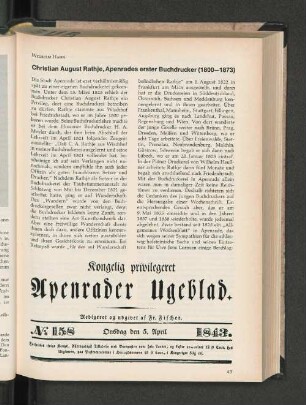 Christian August Rathje, Apenrades erster Buchdrucker (1800-1873)