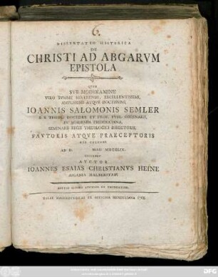 Dissertatio Historica De Christi Ad Abgarvm Epistola