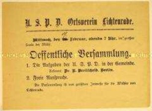 Handzettel der USPD Lichtenrade mit Einladung zur öffentlichen Versammlung im großen Saal bei Mühl mit Rede von Breitscheid zu Aufgaben der USPD in der Gemeinde