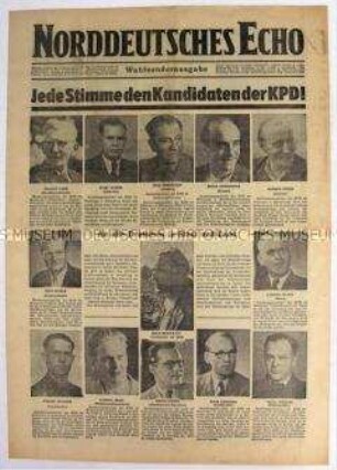 Sonderausgabe der KPD-Zeitung "Norddeutsches Echo" zur Bundestagswahl 1953 mit Porträts ihrer Kandidaten