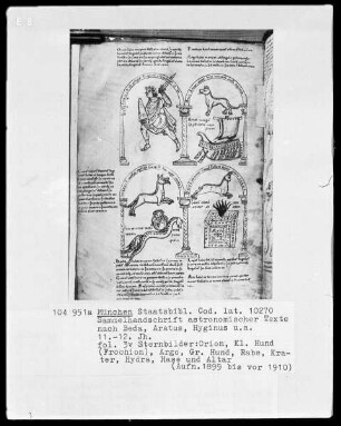 Michael Scotus - Astrologie. Sammelhandschrift astronomischer Texte nach Beda Venerabilis Aratus, Hyginus, Isidor von Sevilla — Sieben Sternbilder - Orion, Kleiner Hund, Argo, Großer Hund, Rabe, Krater, Hydra, Hase und Altar, Folio 3verso
