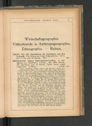 Wirtschaftsgeographie Völkerkunde u. Anthropogeographie. Ethnographie. - Reisen.
