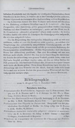 Bibliographie vom 1. August bis 1. October 1860.