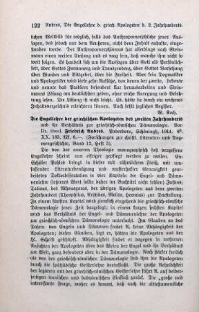 122-123 [Rezension] Andres, Friedrich, Die Engellehre der griechischen Apologeten des zweiten Jahrhunderts und ihr Verhältnis zur griechisch-römischen Dämonologie