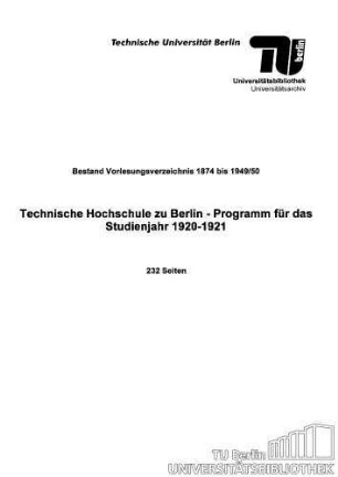 Programm für das Studienjahr 1920-1921