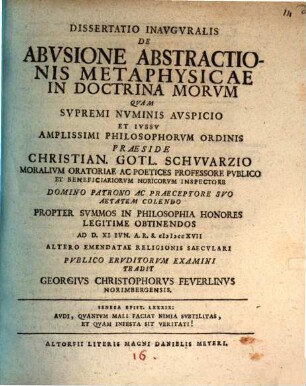 Dissertatio Inavgvralis De Abvsione Abstractionis Metaphysicae In Doctrina Morvm