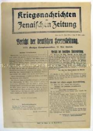 Nachrichtenblatt der "Jenaischen Zeitung" mit Meldungen von verschiedenen Kriegsschauplätzen