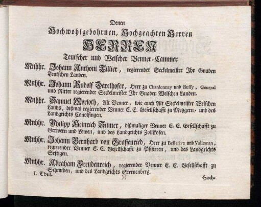 Denen Hochwohlgebohrnen, Hochgeachten Herren Herren Teutscher und Welscher Venner-Cammer[...]