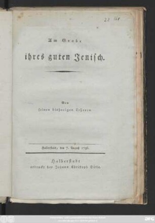 Am Grabe ihres guten Jenisch : Halberstadt, den 7. August 1796