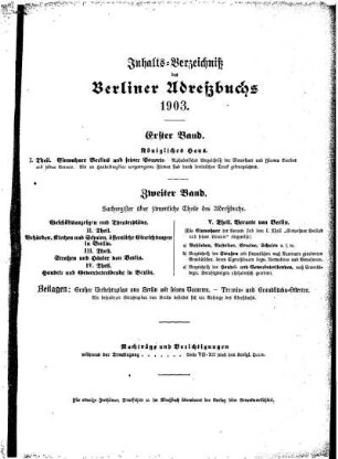 Inhalts= Verzeichniß des Adreßbuchs für Berlin und seine Vororte 1903