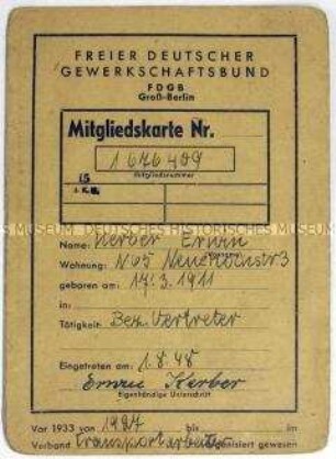 Mitgliedskarte des Freien Deutschen Gewerkschaftsbundes - Personenkonvolut