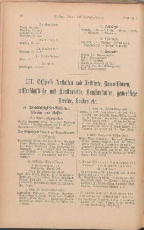 III. Offizielle Anstalten und Institute, Kommissionen, wissenschaftliche und Kunstvereine, Kunstanstalten, gewerbliche Vereine, Banken etc.
