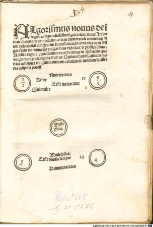 Algorismus nouus de i[n]tegris compendiose sine figurarum (more Italorum) deletione compilatus : artem numerandi omnemq[ue] viam calculandi enucleatim breuissimè edocens ; vna cum Algorismis de minucijs vulgaribus videlicet et phisicalibus ...