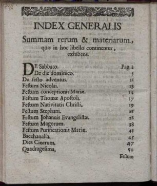 Index Generalis Summam rerum & materiarum, quæ in hoc libello continentur, exhibens.