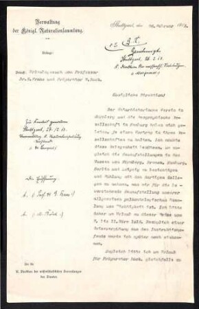 Urlaubsgesuch von Eberhard Fraas und M. Böck für eine Vortragsreise vom 2. bis 11.05.1913