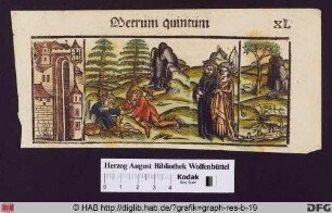 Burg, zwei arme Männer in der Landschaft, daneben ein reich gekleidetes Paar.