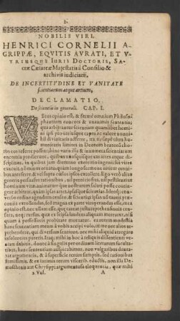 De Incertitvdine Et Vanitate scientiarum atque artium, Declamatio.