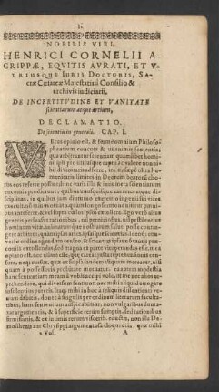 De Incertitvdine Et Vanitate scientiarum atque artium, Declamatio.