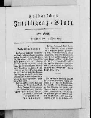 20tes Stück, Ausgabe vom 15. May, 1807