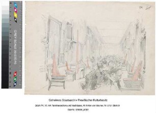 Menschenmenge in einer Bildergalerie (Handskizze, coloriert, Bleistift und Tusche). Beschriftung"VI."