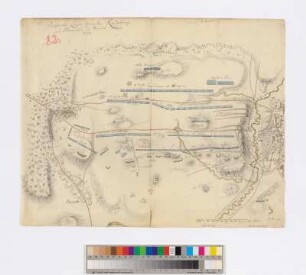 Preußisches Lager zwischen Radeburg und Bärwalde im Monat Juni 1760, Handzeichnung, 1760, ca. 1:10000 : Preußisches Lager zwischen Radeburg und Bärwalde im Monath Juni 1760. - [Ca. 1:10 00]. - [S.l.] , 1760. - 1 Kt. : mehrfarb. Handzeichnung ; 40 x 32 cm. - Maßst. in graph. Form (Schritt)