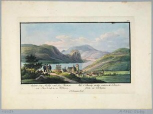 Das Elbtal bei Aussig (heute Ústí nad Labem) in Böhmen, im Hintergrund die Burg Schreckenstein, im 14. Jahrhundert erbaut (heute Střekov, Burgruine), Blick nach Süden