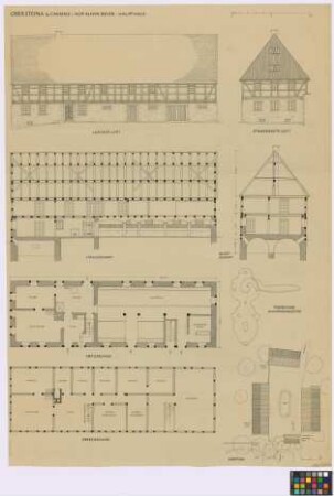 Obersteina bei Camenz ([Amtshauptmannschaft] Kamenz): Alwin Berger. - Lageplan mit Pferdestall (Aufsicht), Haupthaus (Aufsicht), Scheune (Aufsicht), Hühner- und Schweinestall (Aufsicht), Mist (Aufsicht), Teich (Aufsicht). - Haupthaus (Ost-Seiten-Ansicht, Süd-Straßen-Giebel-Ansicht, Längsschnitt, Querschnitt, Grundriss des Erdgeschosses, Grundriss des Obergeschosses). - Türdrücker Hauseingangstür (Ansicht)