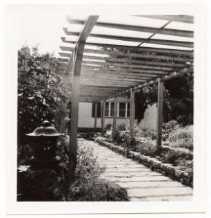Garten Prof. Wilhelm Kempff, Potsdam: Haus und Pergola, Plattenweg