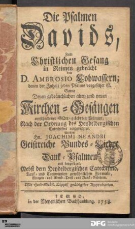 Die Psalmen Davids : Zum Christlichen Gesang in Reimen gebracht