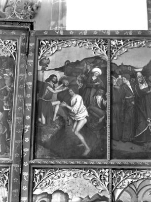 Altar in erster Öffnung — Szenen aus dem Leben Johannes des Täufers — Rechter Außenflügel: Vier Szenen aus dem Leben des Heiligen — Johannes tauft im Jordan