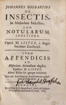 Johannes Goedartius De Insectis : In Methodum Redactus; Cum Notularum Additione