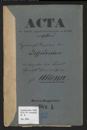 Zivilstandsregister für Dissidenten (Abschriften) für die Stadt Altena mit den Orten Altena, Bärenstein, Borbeck, Dahle, Grünewiese, Schönthal und Veserde (H 1854-1873) (Gemeinde: Altena, Kreis Altena)