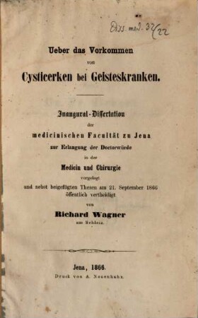 Ueber das Vorkommen von Cysticerken bei Geisteskranken : Inaug. Diss.