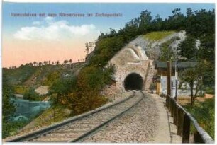 Zschopautal. Harrasfelsen mit Körnerkreuz und Eisenbahntunnel