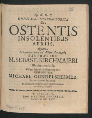 Disputatio Meteorologica De Ostentis Insolentibus Aeriis